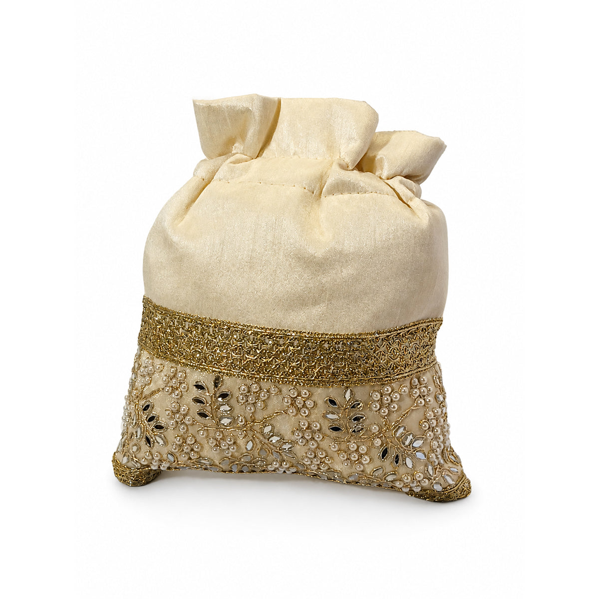 Embroidered Potli Bag with Pearl Beaded Handle & Mirror Work Bag