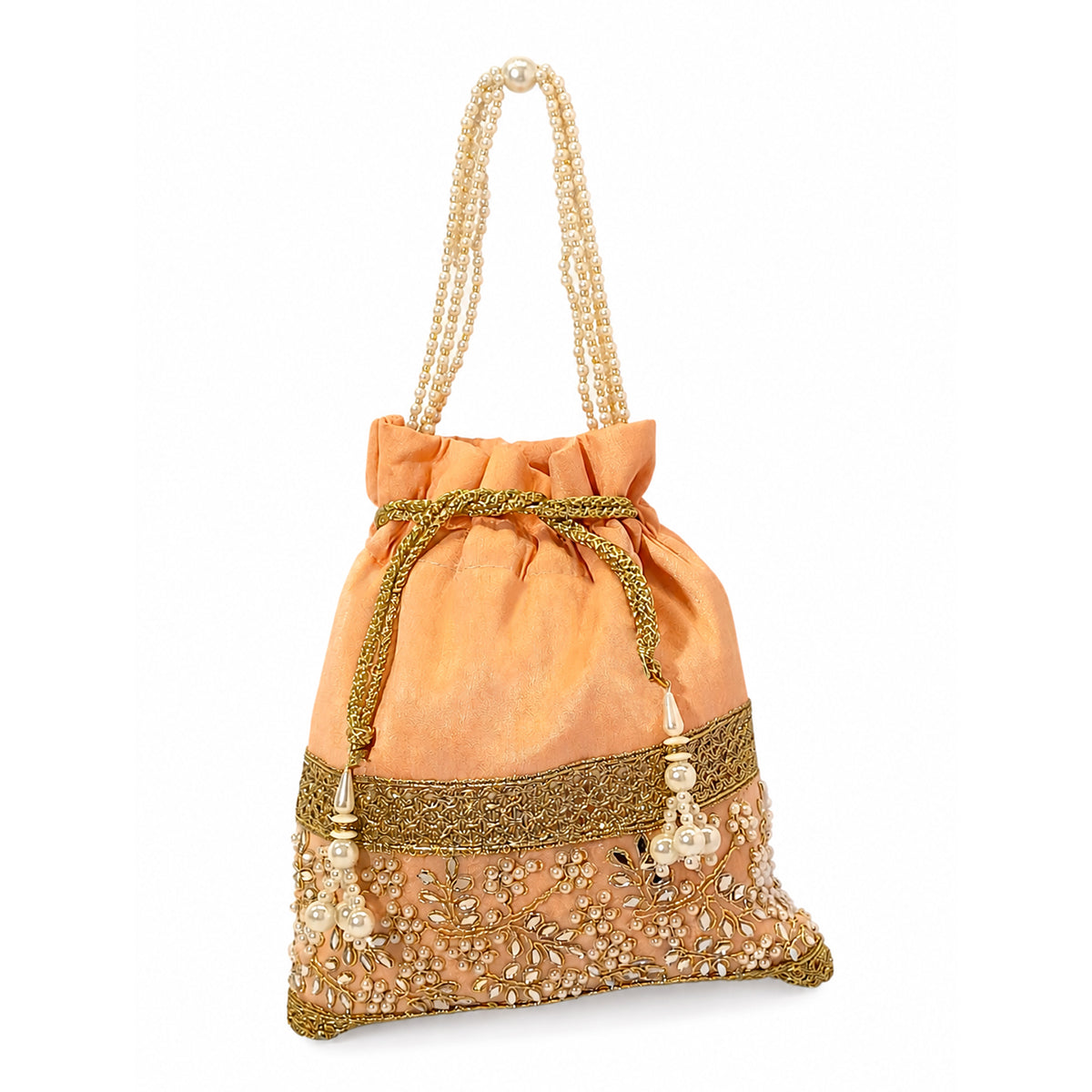 Embroidered Potli Bag with Pearl Beaded Handle & Mirror Work Bag