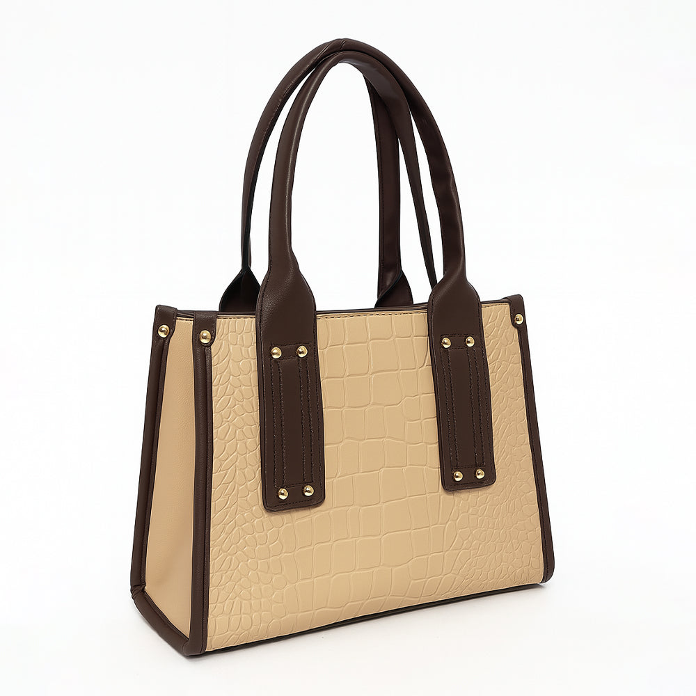 Crocodile Embossed Beige Handbag with Brown Handles