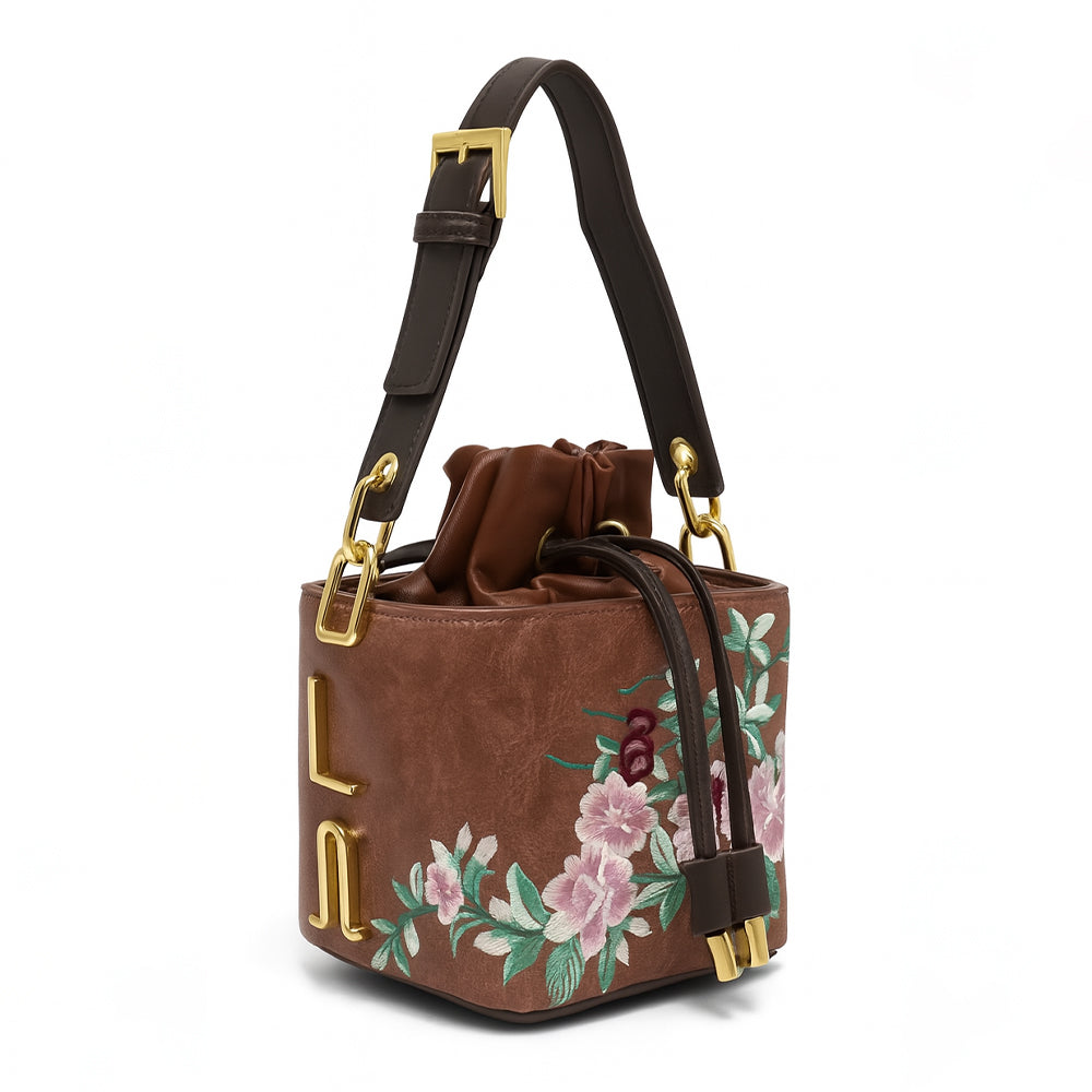 Floral Embroidered Charcoal Bucket Bag with Drawstring Closure