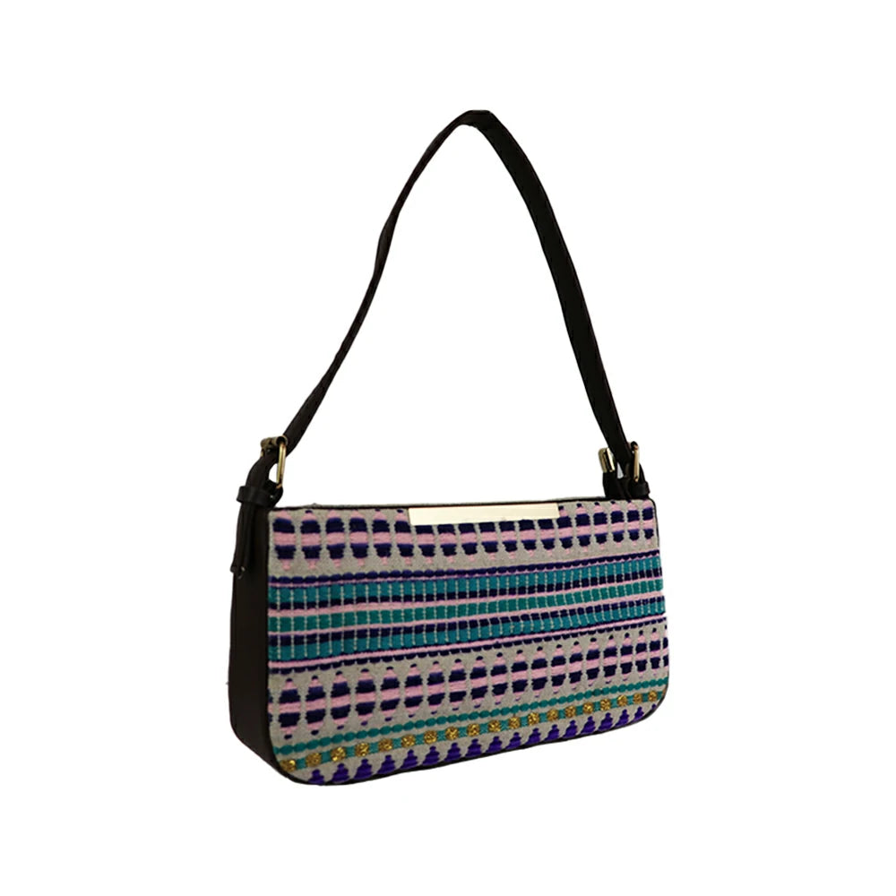Embroidered Shoulder Bag with Detachable Strap and Zipper Closure