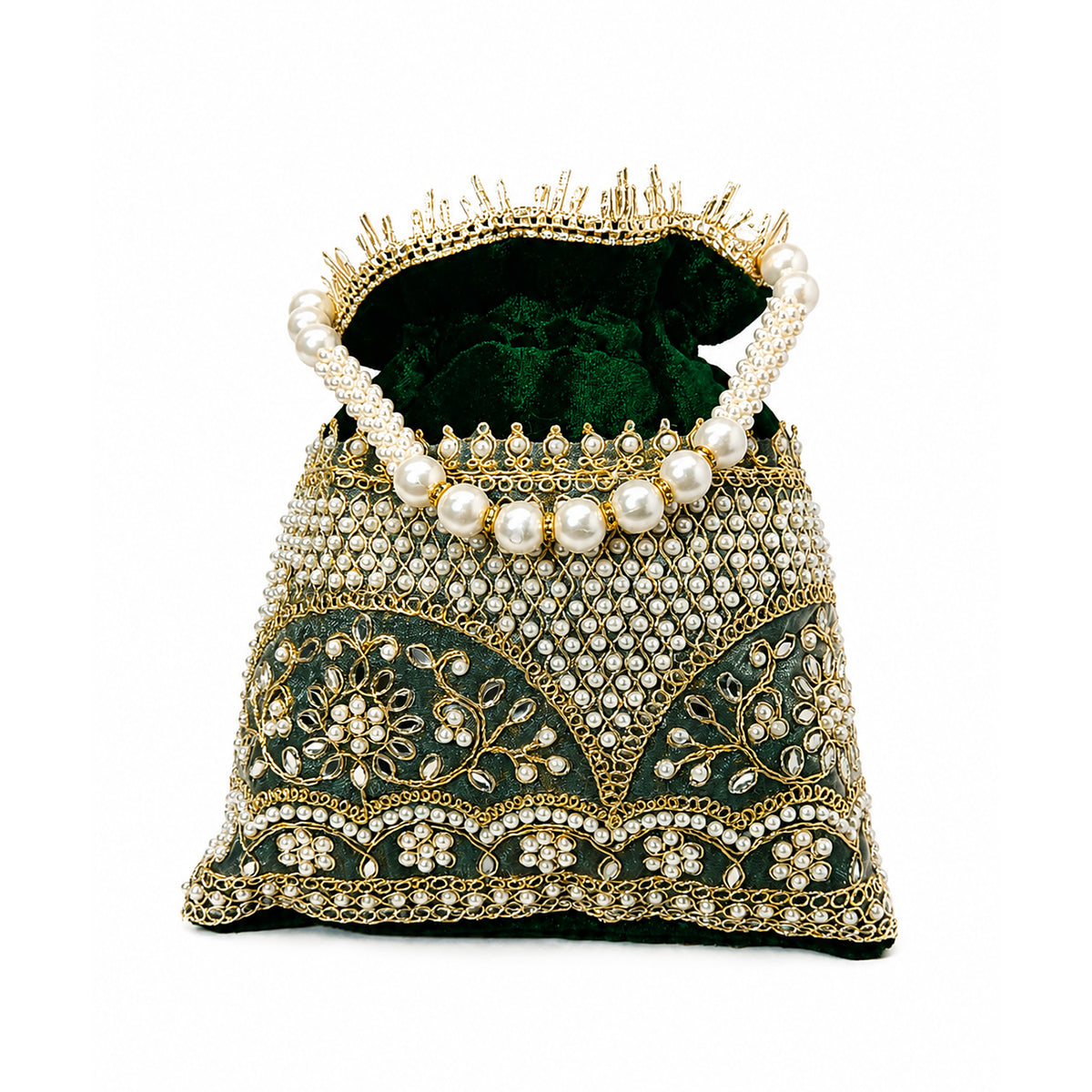 Embroidered Potli Bag with Pearl Beaded Handle & Mirror Work Bag