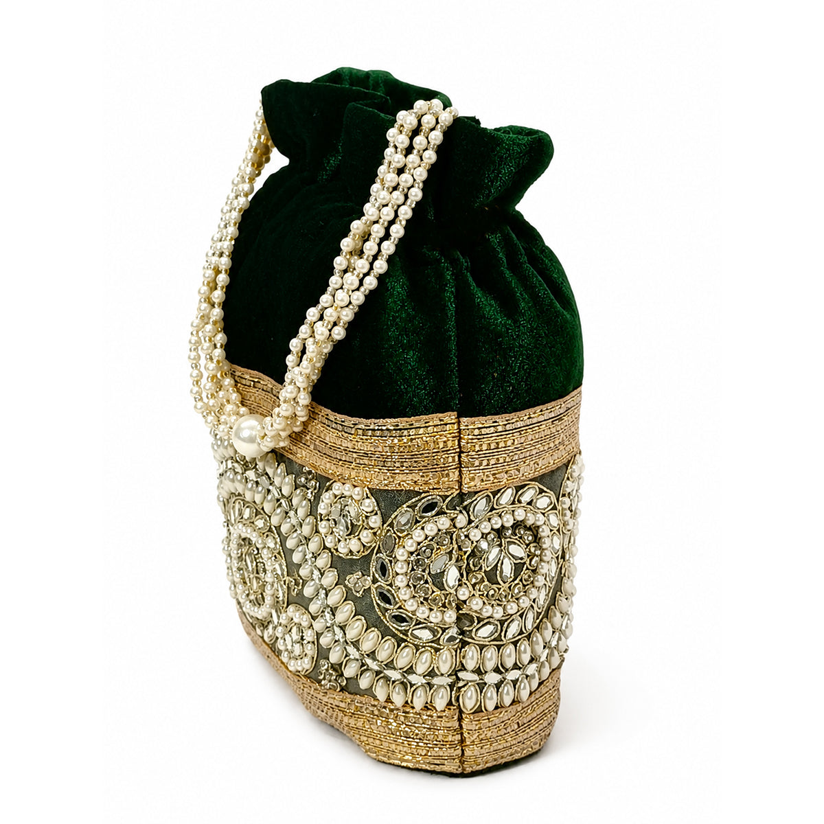 Embroidered Potli Bag with Pearl Beaded Handle & Mirror Work Bag