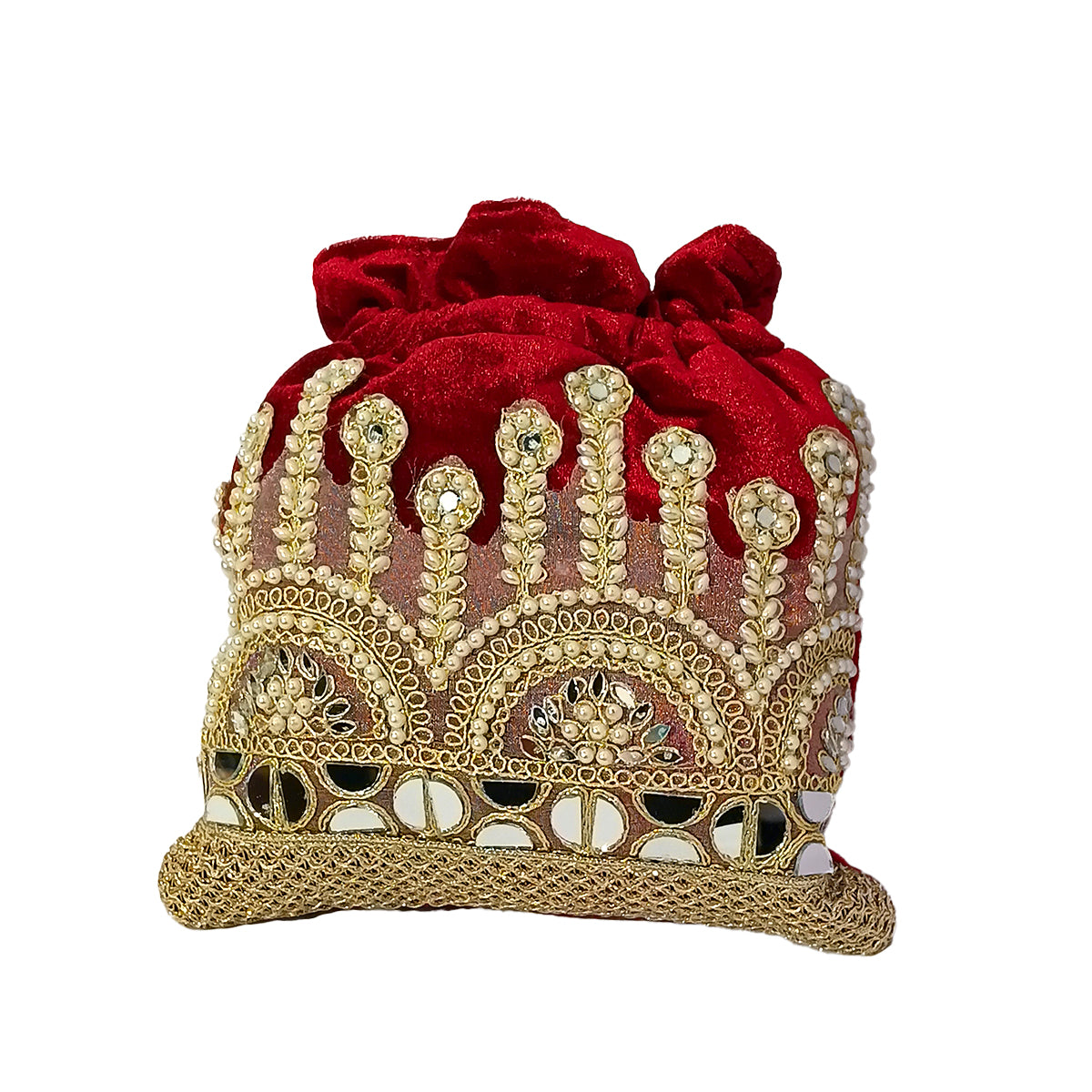 Embroidered Potli Bag with Pearl Beaded Handle & Mirror Work Bag