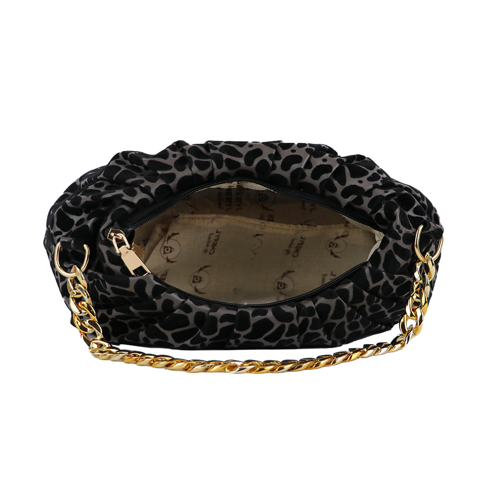 Velvet Pattern Shoulder Bag with Gold Chain Strap Teddy Charm Fashion