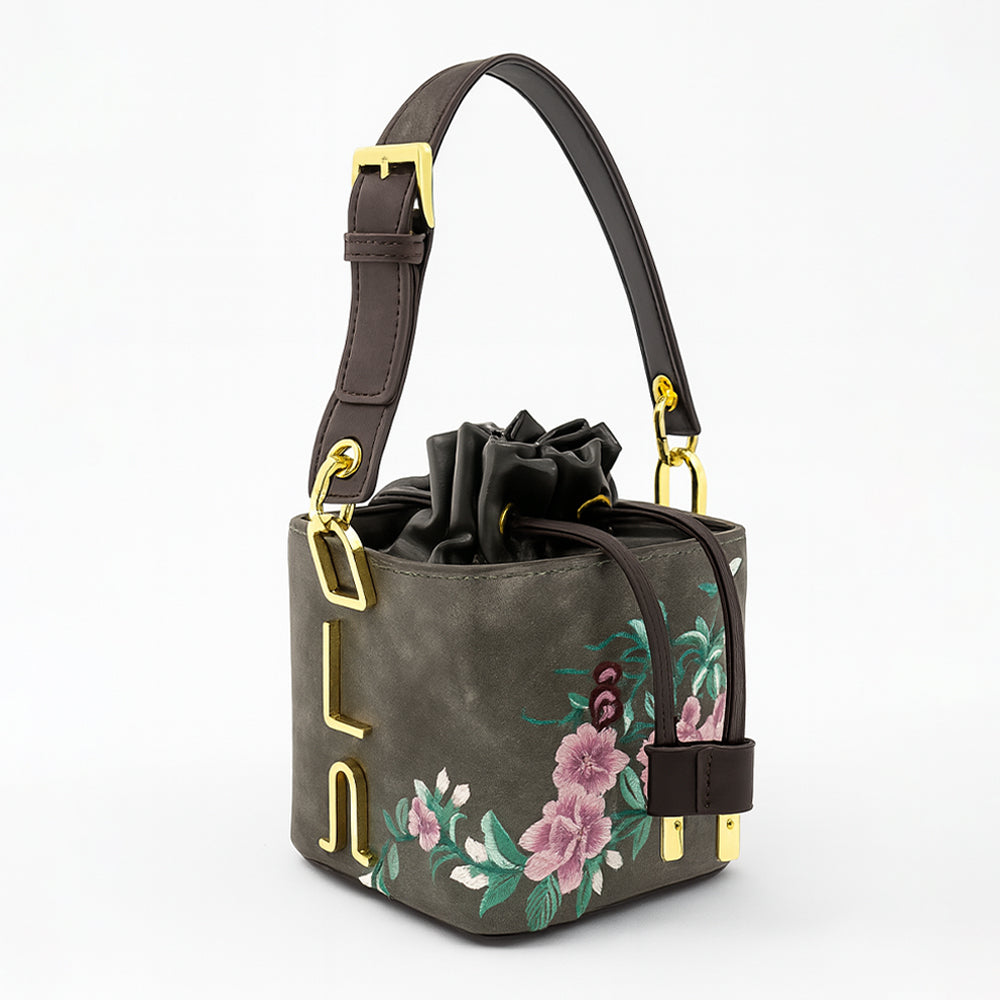 Floral Embroidered Charcoal Bucket Bag with Drawstring Closure