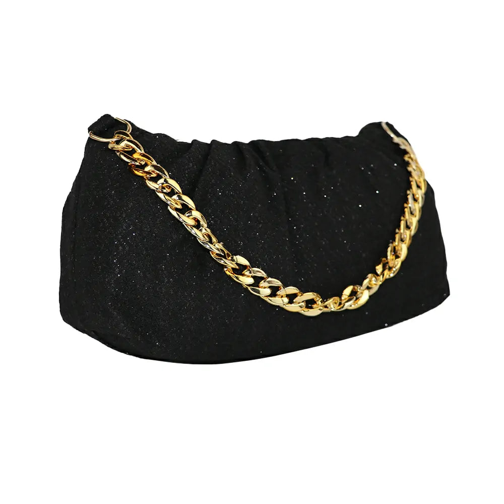 Women Party Clutch Sling Bag with Gold Chain Strap, Ruched Design