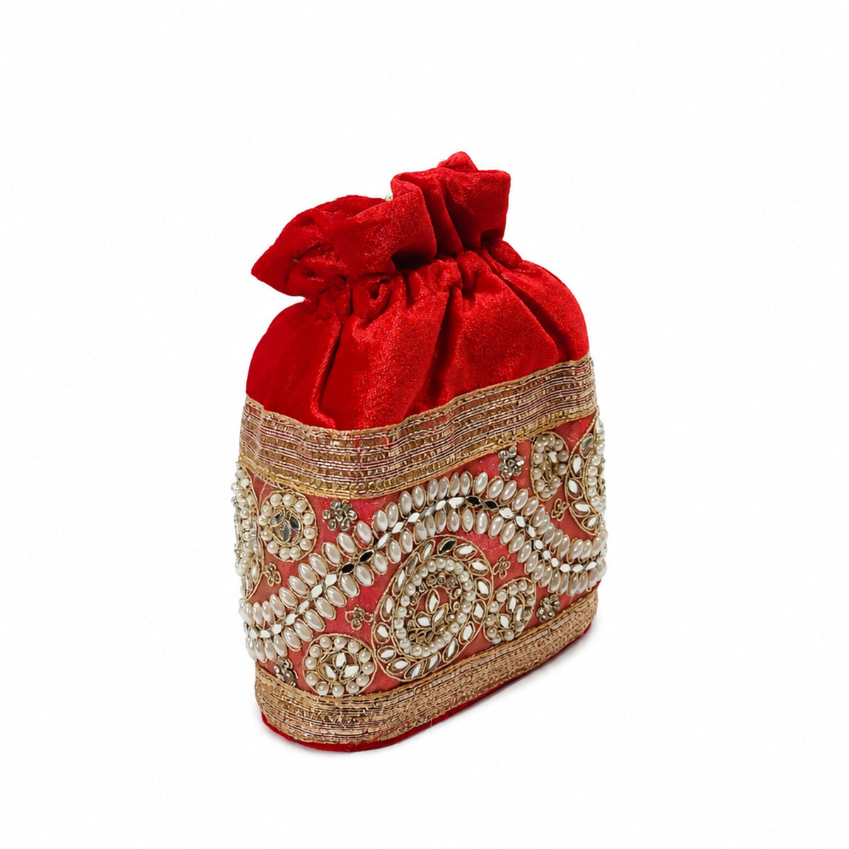 Embroidered Potli Bag with Pearl Beaded Handle & Mirror Work Bag
