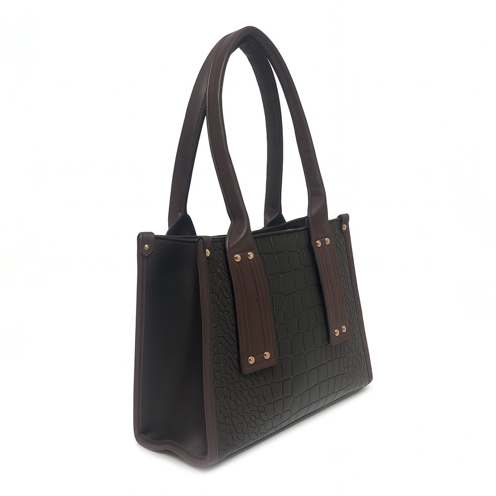 Crocodile Embossed Beige Handbag with Brown Handles