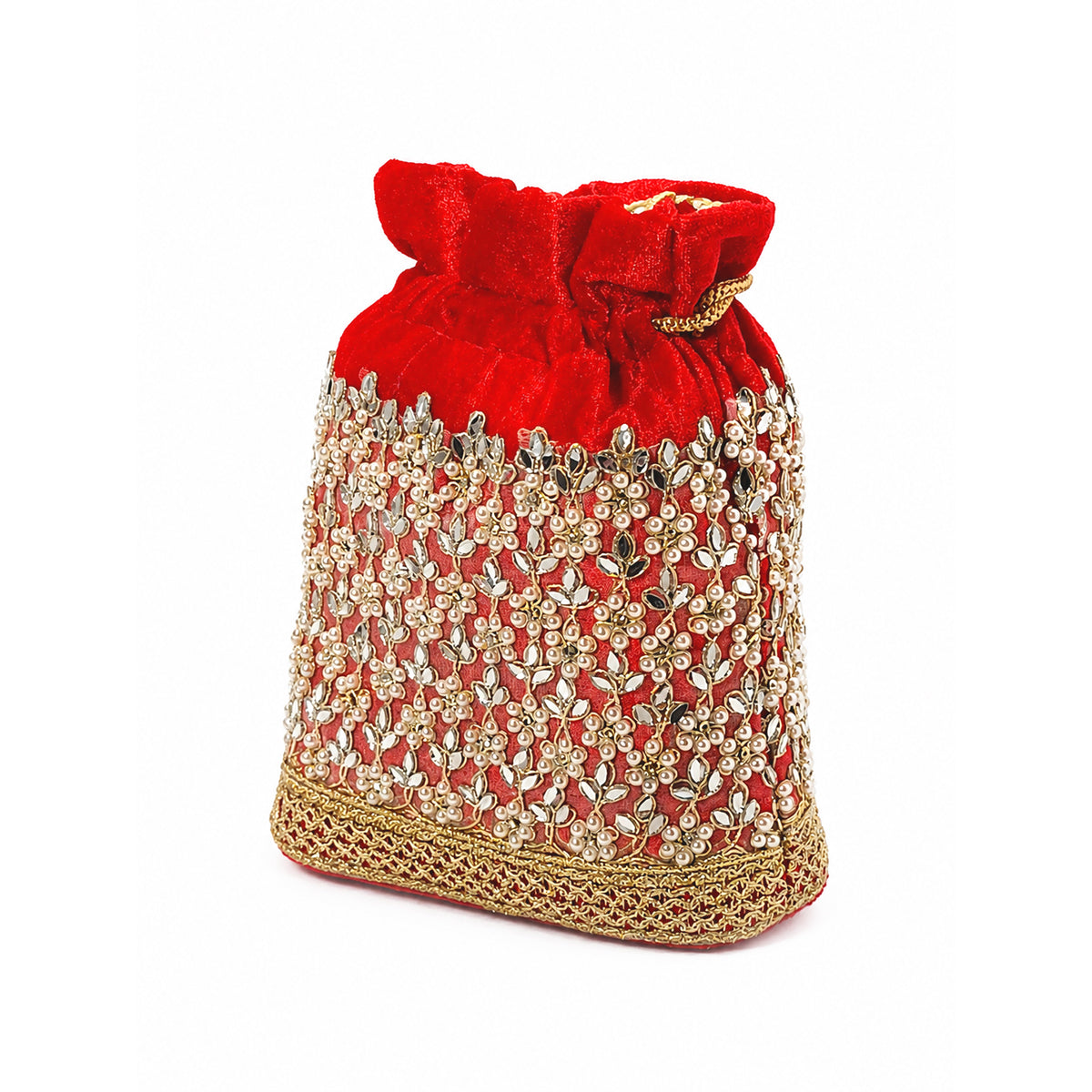 Embroidered Potli Bag with Pearl Beaded Handle & Mirror Work Bag