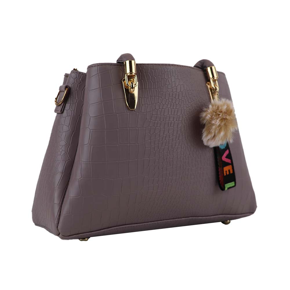 Croc Texture Handbag with Shoulder Strap and Pom Pom Charm Stylish