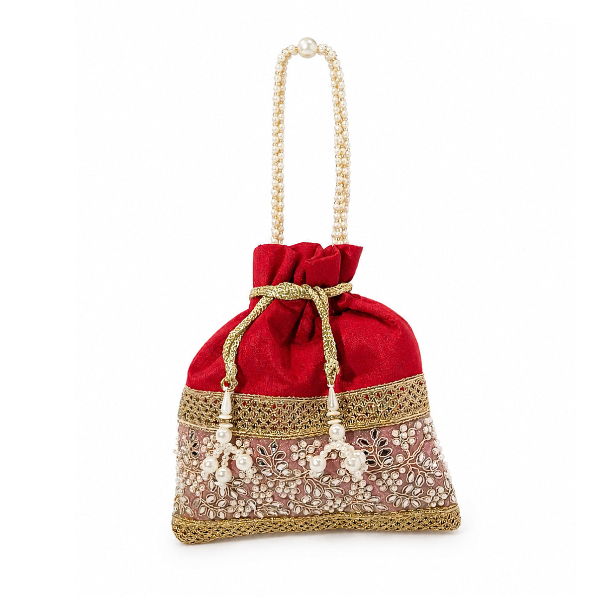 Embroidered Potli Bag with Pearl Beaded Handle & Mirror Work Bag
