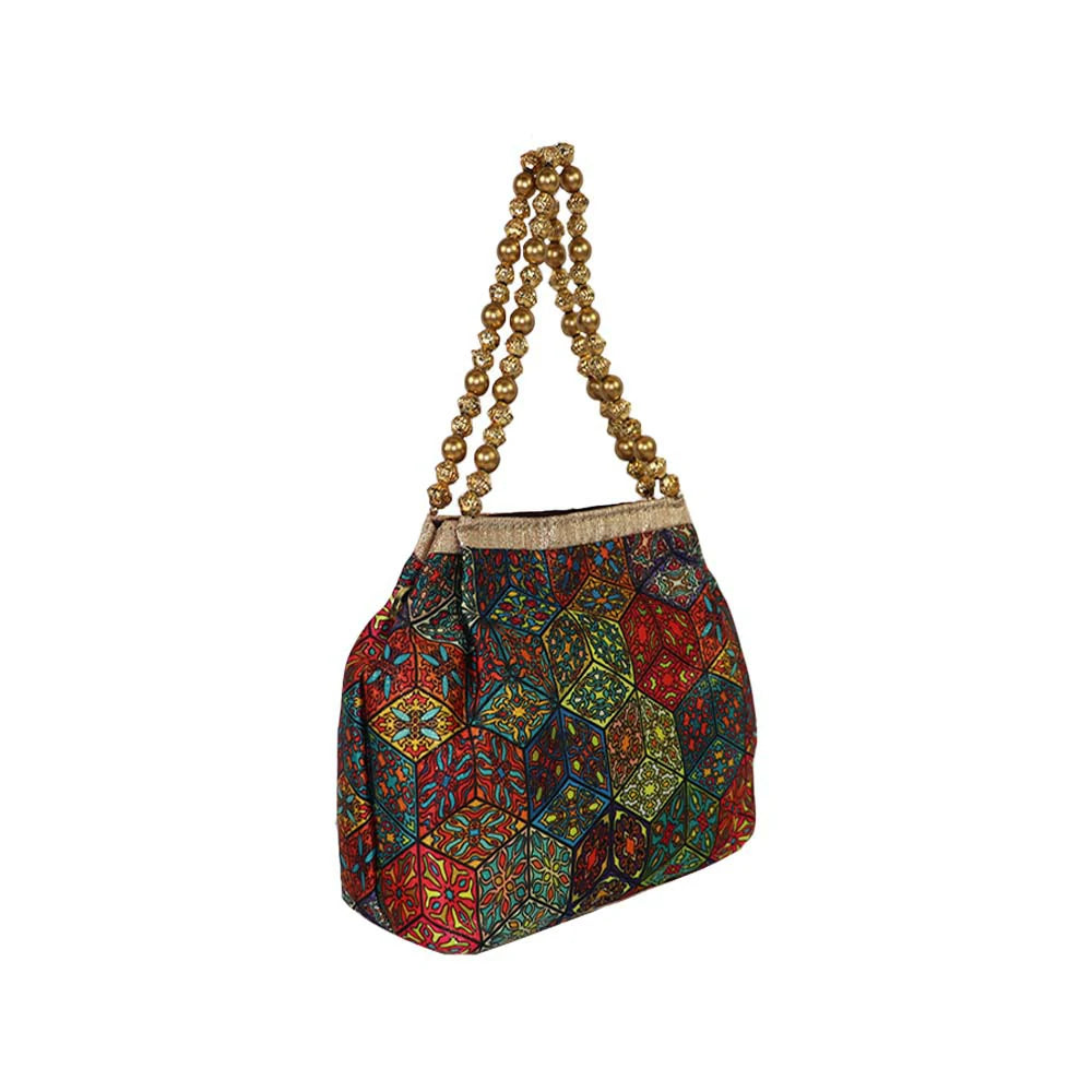 Women’s Multicolor Patchwork Handbag with Golden Beaded Handle