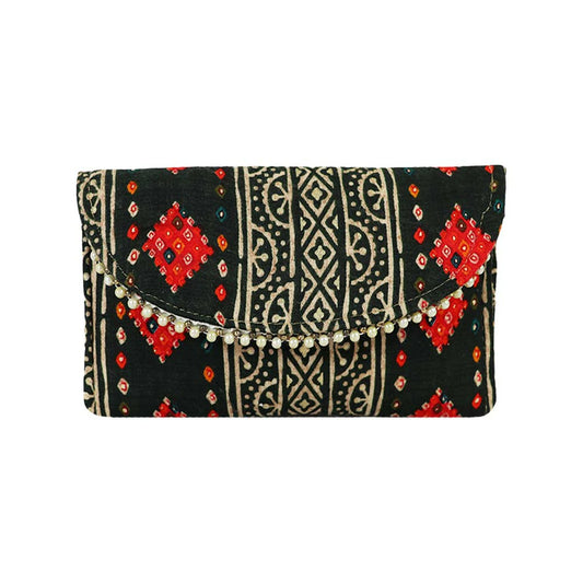 Women Black Ethnic Printed Clutch with Pearl Detailing – Traditional Party Envelope Handbag