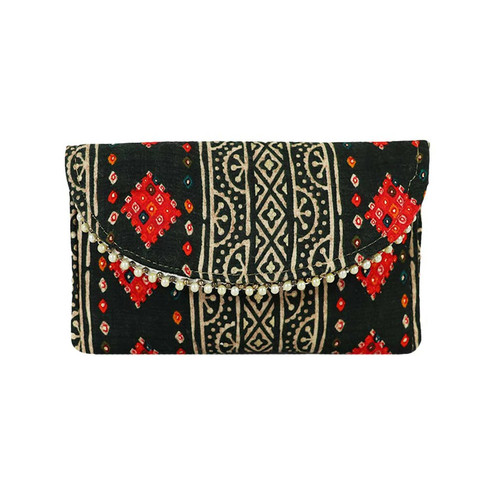 Women Black Ethnic Printed Clutch with Pearl Detailing – Traditional Party Envelope Handbag