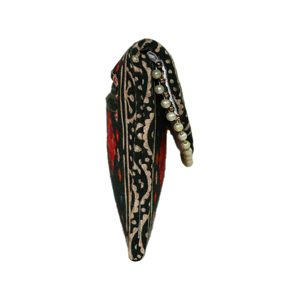 Women Black Ethnic Printed Clutch with Pearl Detailing – Traditional Party Envelope Handbag