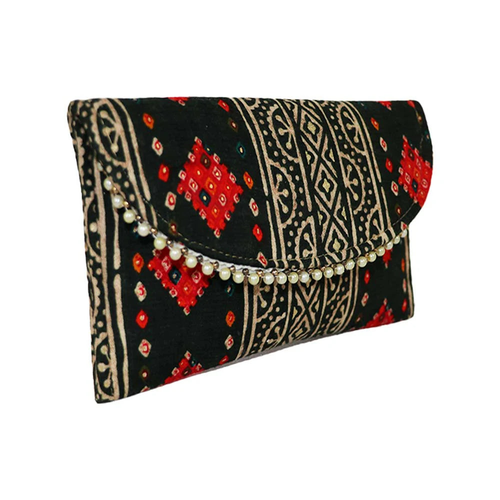 Women Black Ethnic Printed Clutch with Pearl Detailing – Traditional Party Envelope Handbag