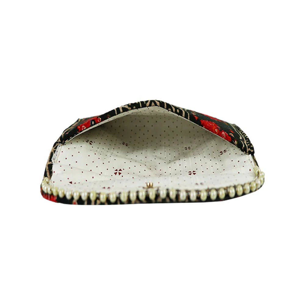 Women Black Ethnic Printed Clutch with Pearl Detailing – Traditional Party Envelope Handbag