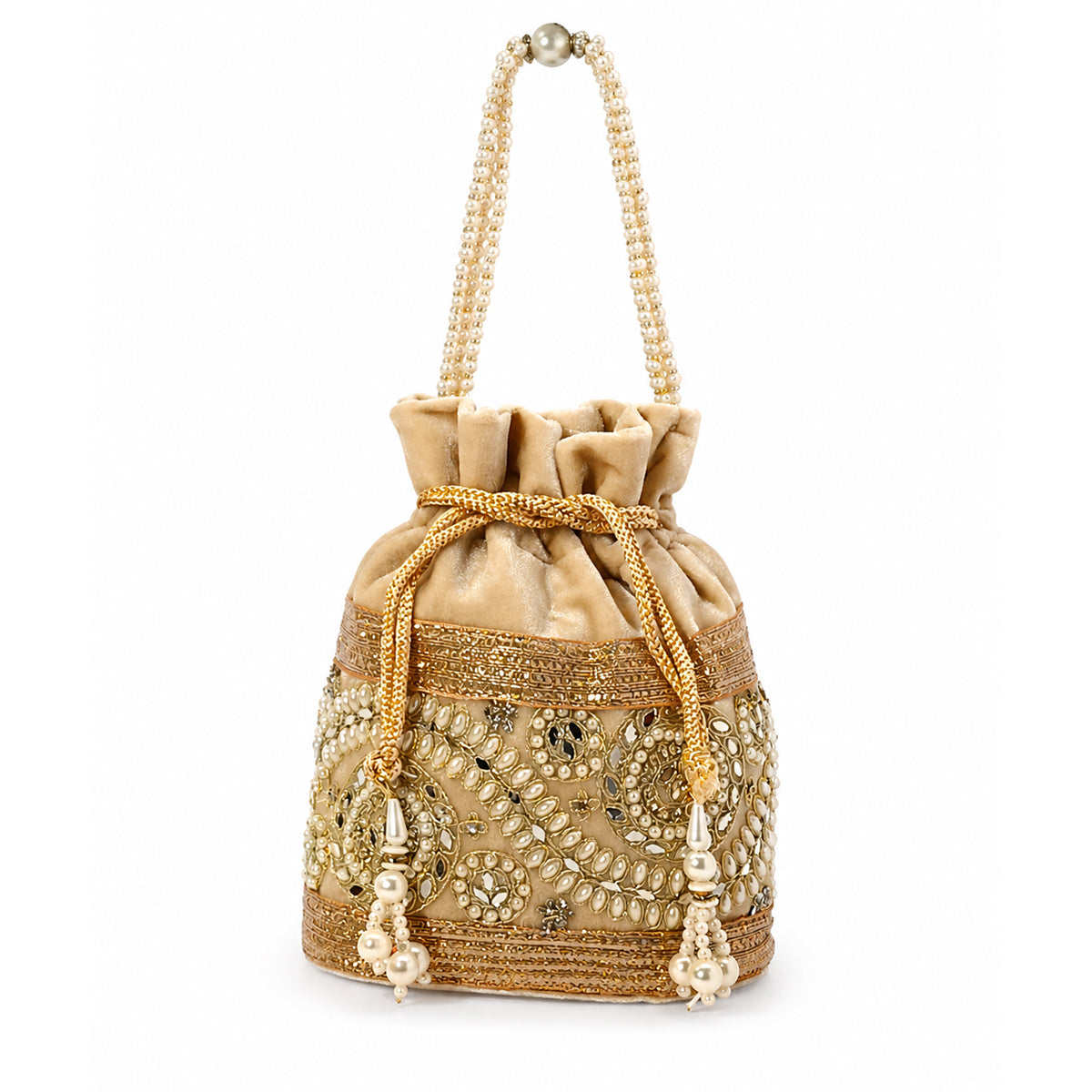 Embroidered Potli Bag with Pearl Beaded Handle & Mirror Work Bag
