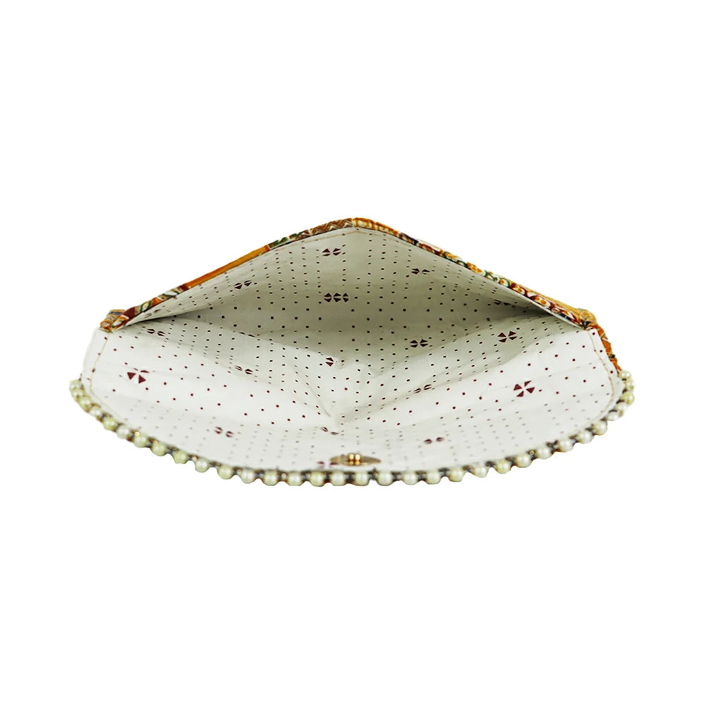 Women Black Ethnic Printed Clutch with Pearl Detailing – Traditional Party Envelope Handbag