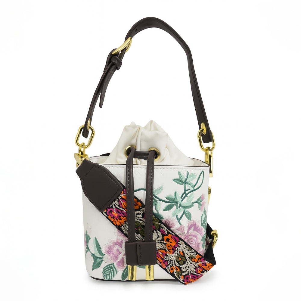 Floral Embroidered Charcoal Bucket Bag with Drawstring Closure