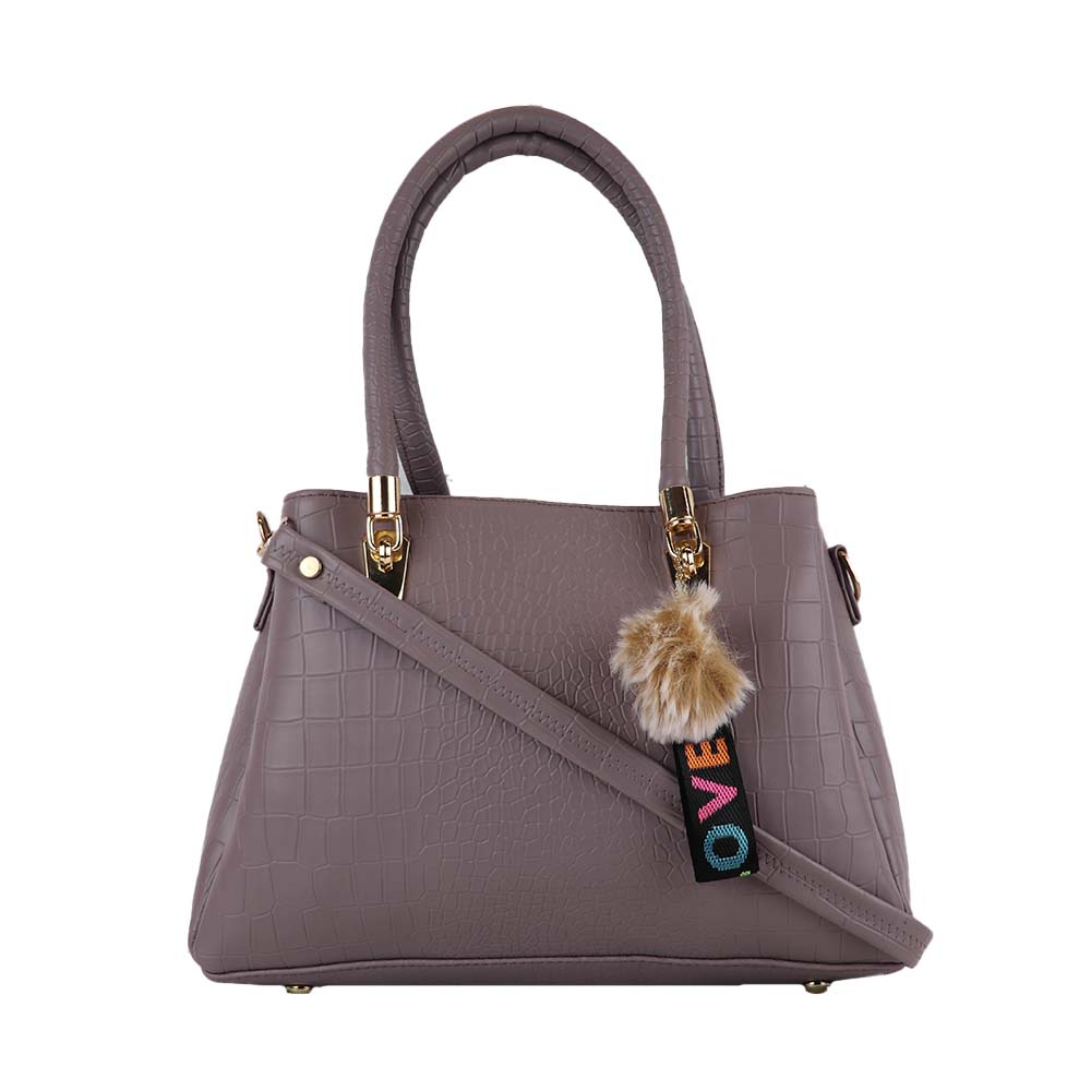 Croc Texture Handbag with Shoulder Strap and Pom Pom Charm Stylish