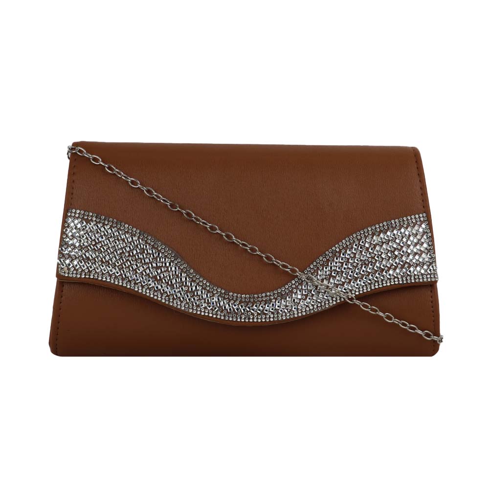 Party Clutch with Rhinestone Wave Design and Chain Strap Stylish Evening Bag - Brown