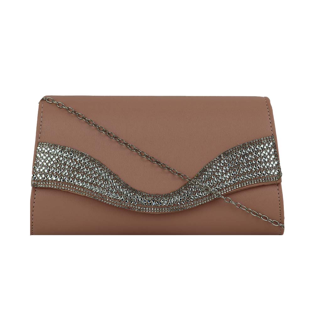 Party Clutch with Rhinestone Wave Design and Chain Strap Stylish Evening Bag - Peach / Nude