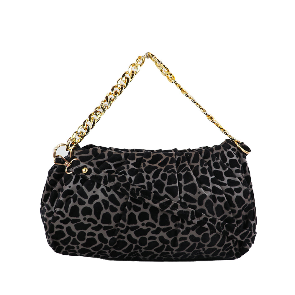 Velvet Pattern Shoulder Bag with Gold Chain Strap Teddy Charm Fashion - Grey