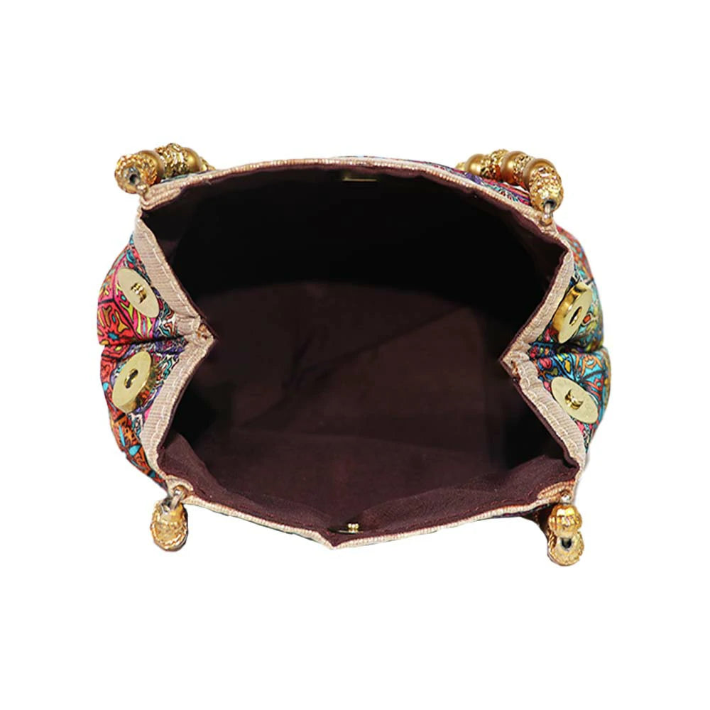 Women’s Multicolor Patchwork Handbag with Golden Beaded Handle