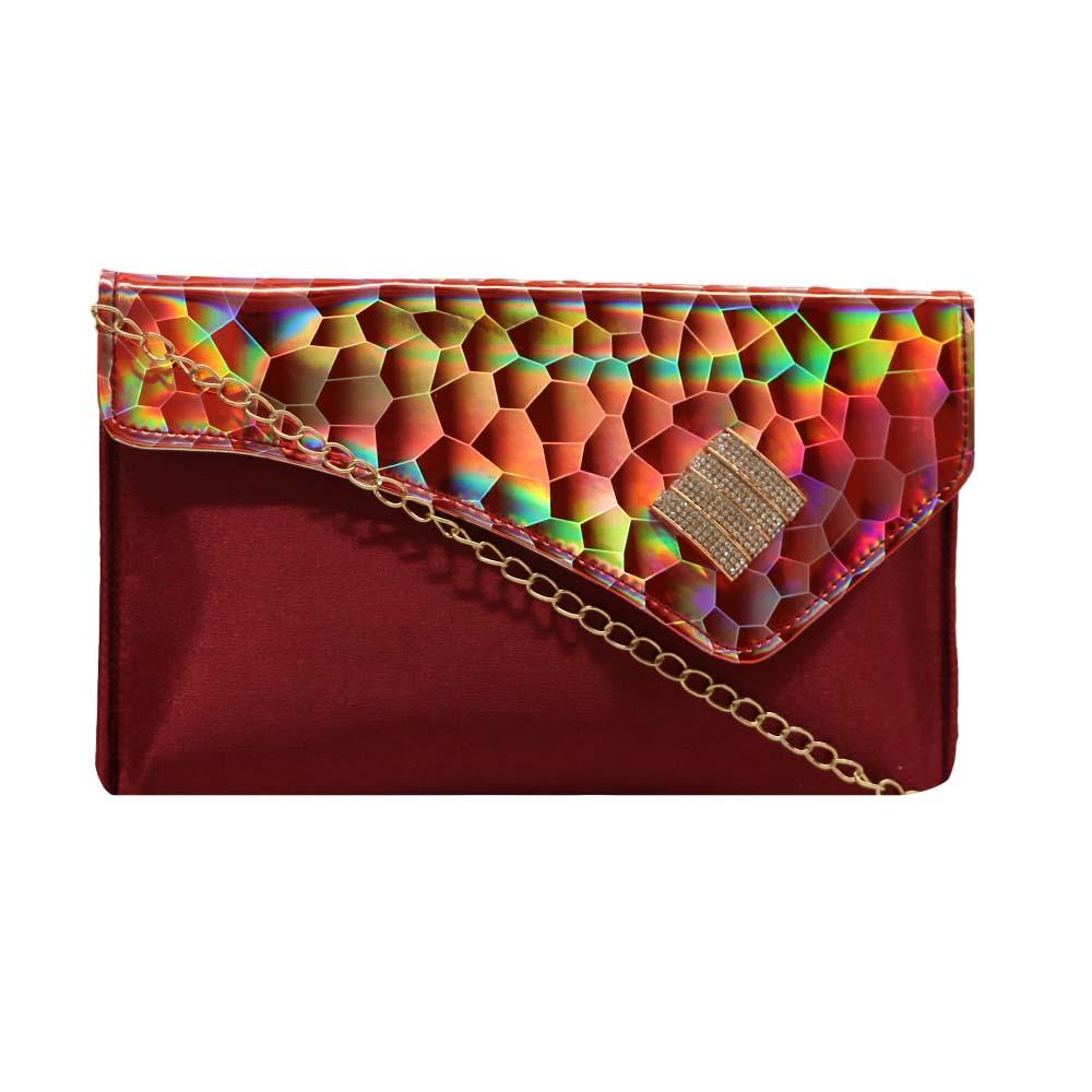 Texture Clutch Sling Bag with Gold Chain Strap Party clutch - Red