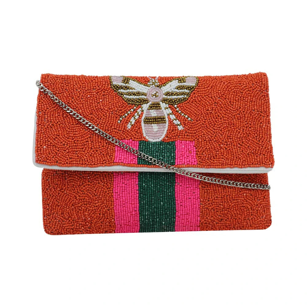 Women’s Bee Embellished Beaded Clutch with Detachable Chain Strap