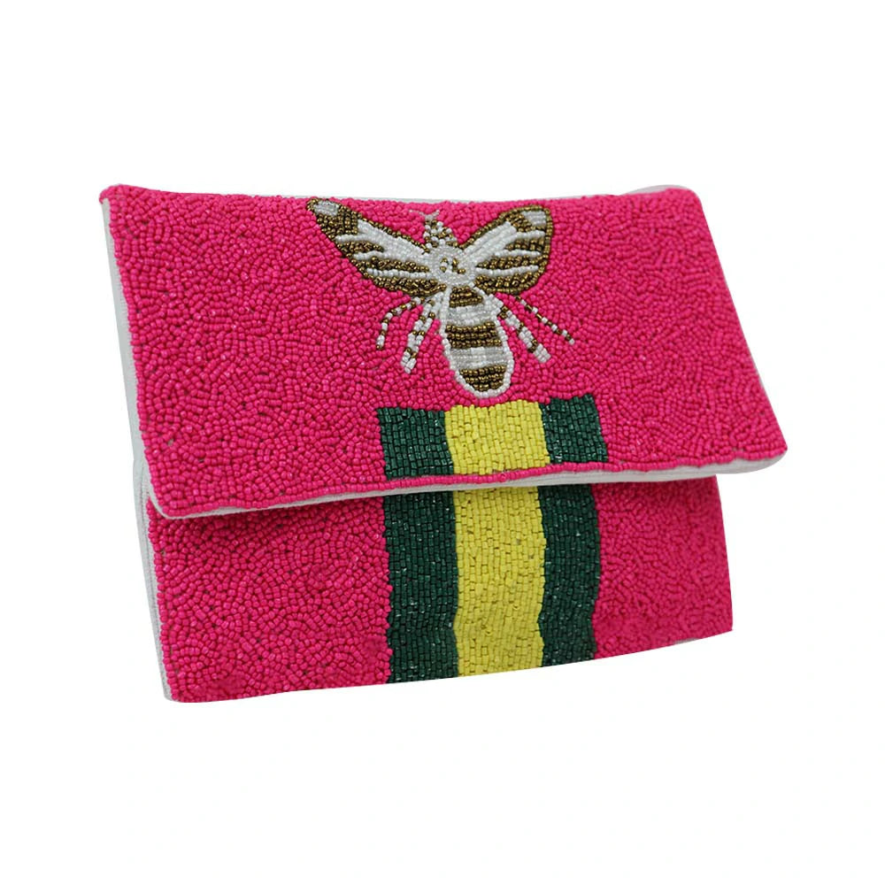 Women’s Bee Embellished Beaded Clutch with Detachable Chain Strap