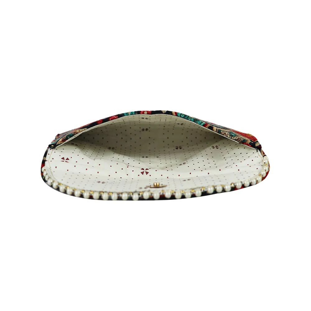 Women Black Ethnic Printed Clutch with Pearl Detailing – Traditional Party Envelope Handbag
