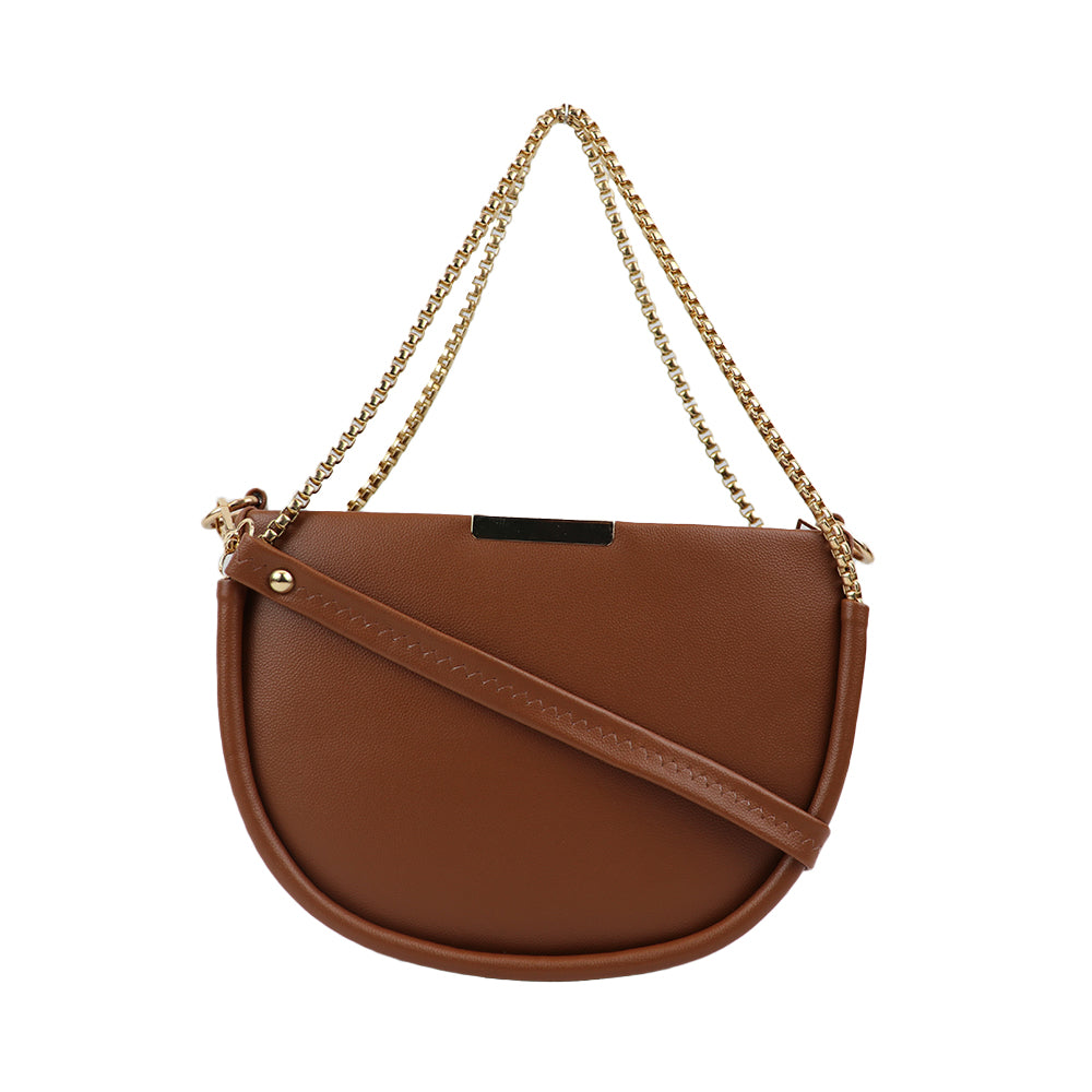 Semi Circle Sling Bag with Gold Chain Strap - BROWN