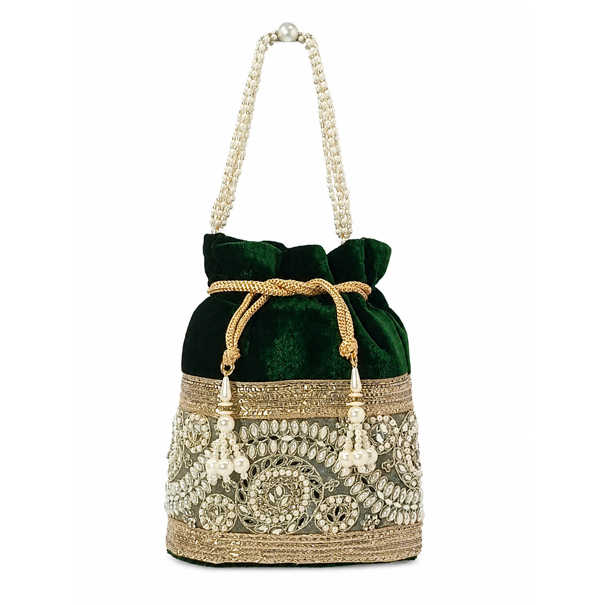 Embroidered Potli Bag with Pearl Beaded Handle & Mirror Work Bag