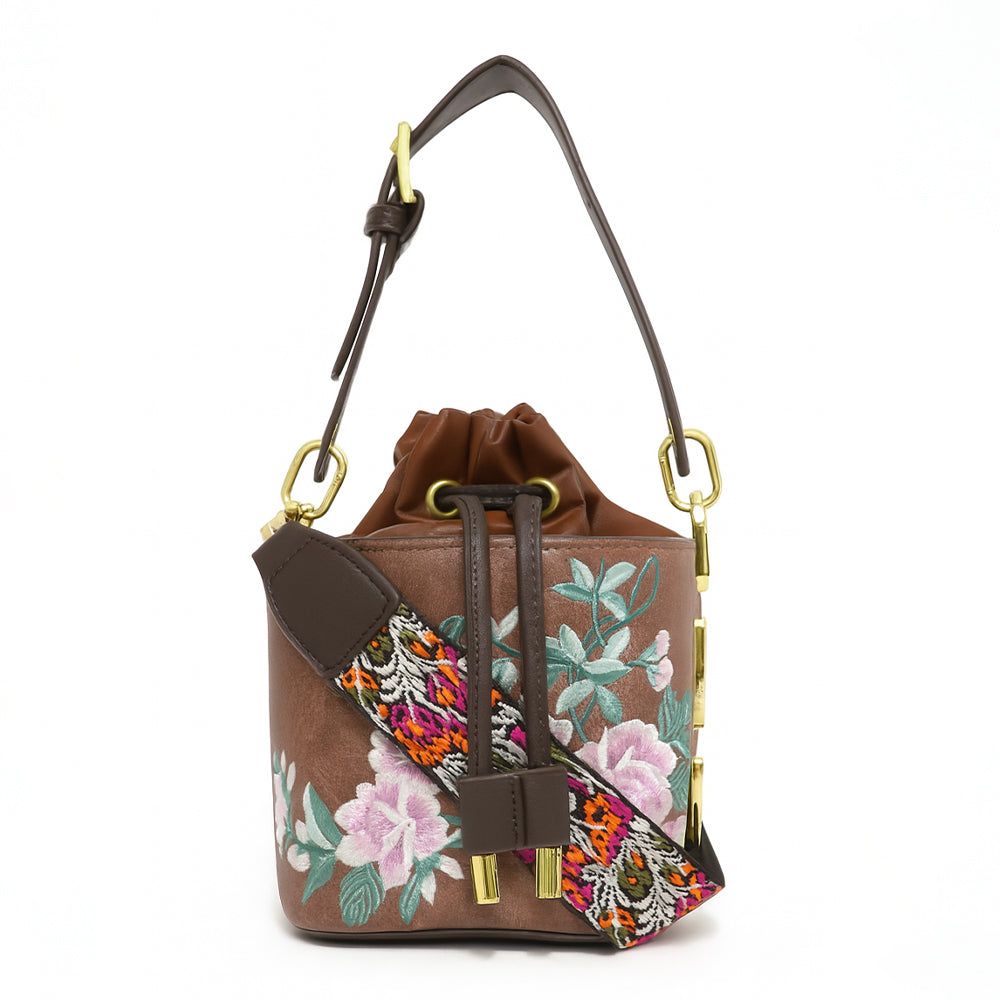 Floral Embroidered Charcoal Bucket Bag with Drawstring Closure