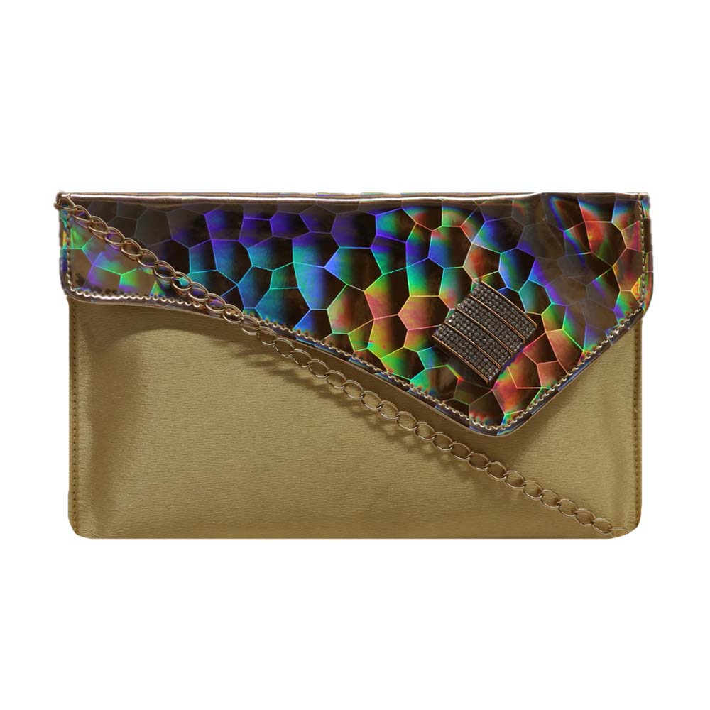 Texture Clutch Sling Bag with Gold Chain Strap Party clutch - Gold