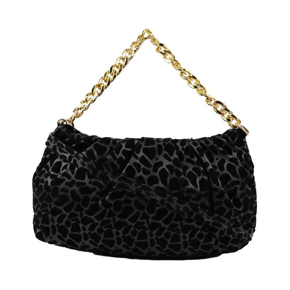 Velvet Pattern Shoulder Bag with Gold Chain Strap Teddy Charm Fashion
