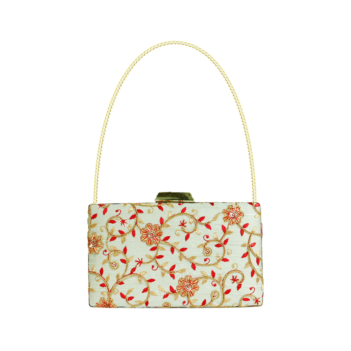 Floral Embroidered Evening Clutch Bag with Gold Chain Handle Wedding Party