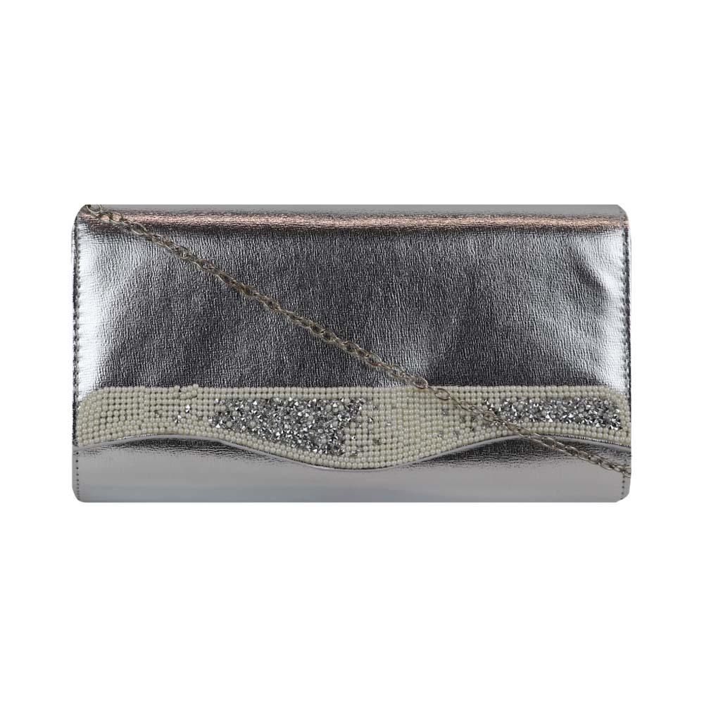 Party Clutch with Rhinestone Wave Design and Chain Strap Stylish Evening Bag - Silver