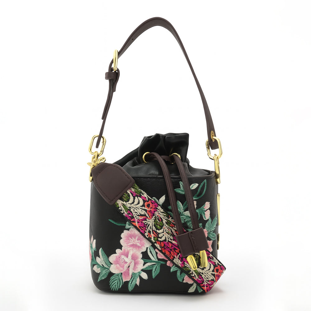 Floral Embroidered Charcoal Bucket Bag with Drawstring Closure