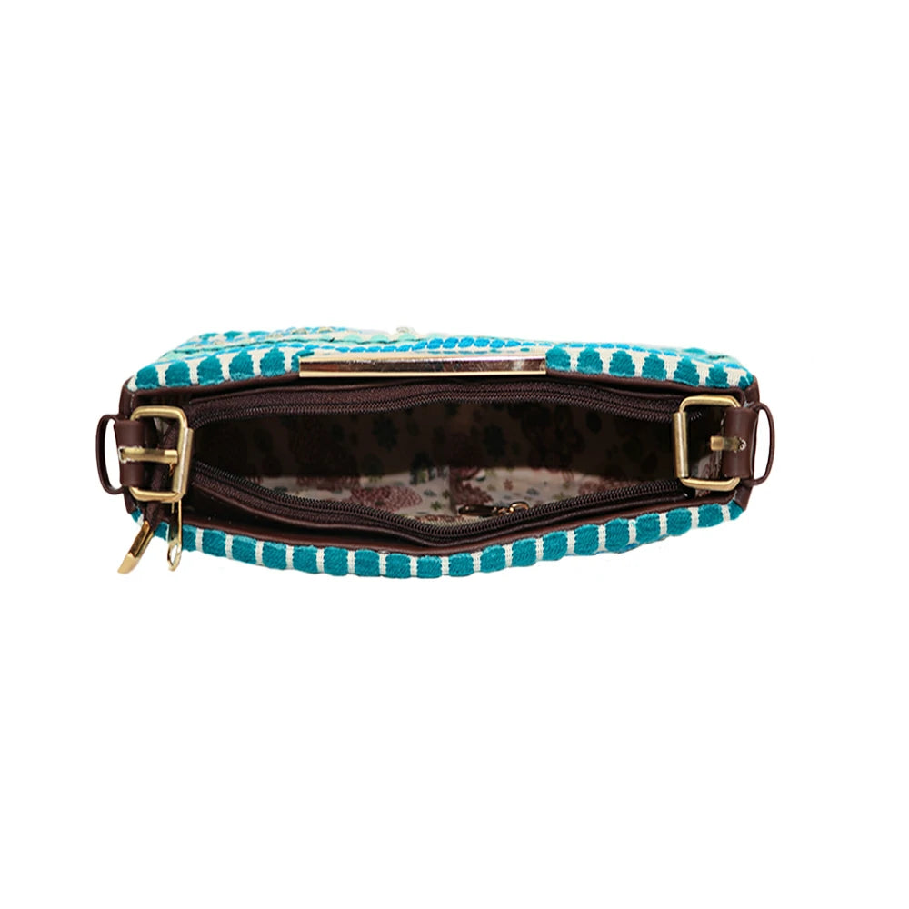 Embroidered Shoulder Bag with Detachable Strap and Zipper Closure
