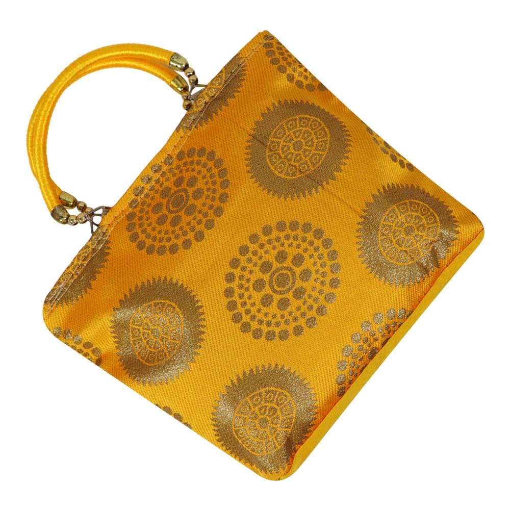 Brocade Handbag with Circular Motif and Wooden Handles
