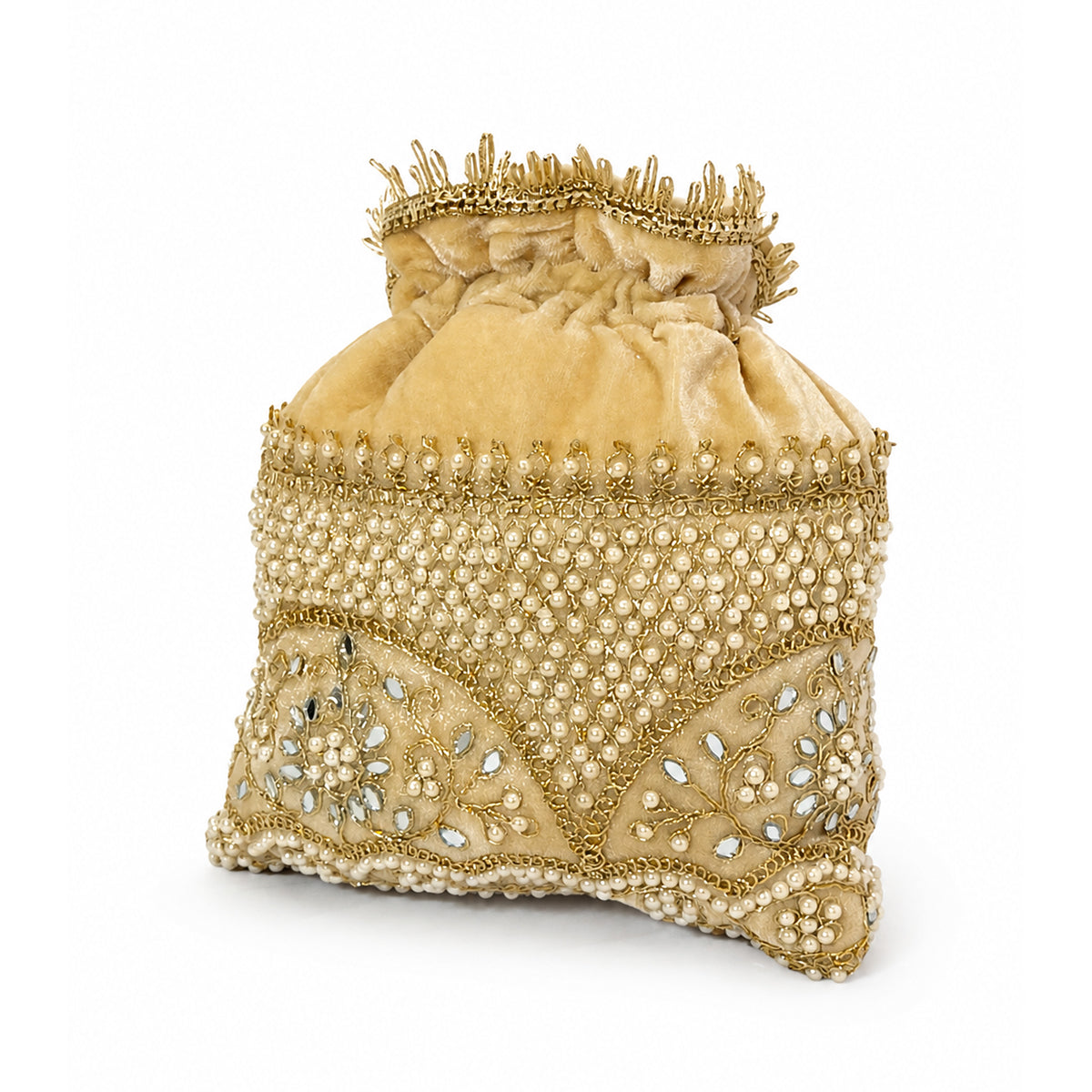 Embroidered Potli Bag with Pearl Beaded Handle & Mirror Work Bag