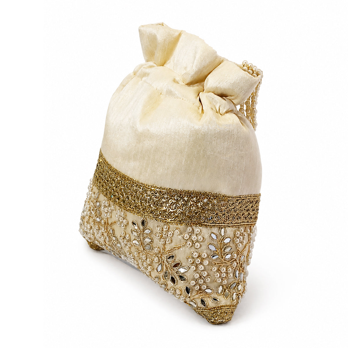 Embroidered Potli Bag with Pearl Beaded Handle & Mirror Work Bag