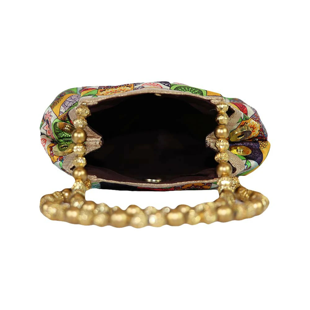 Women’s Multicolor Patchwork Handbag with Golden Beaded Handle