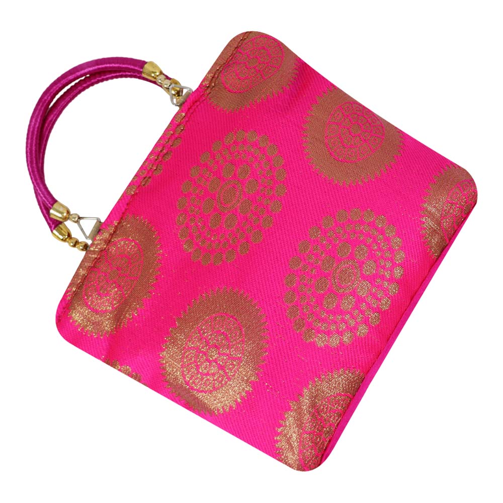 Brocade Handbag with Circular Motif and Wooden Handles