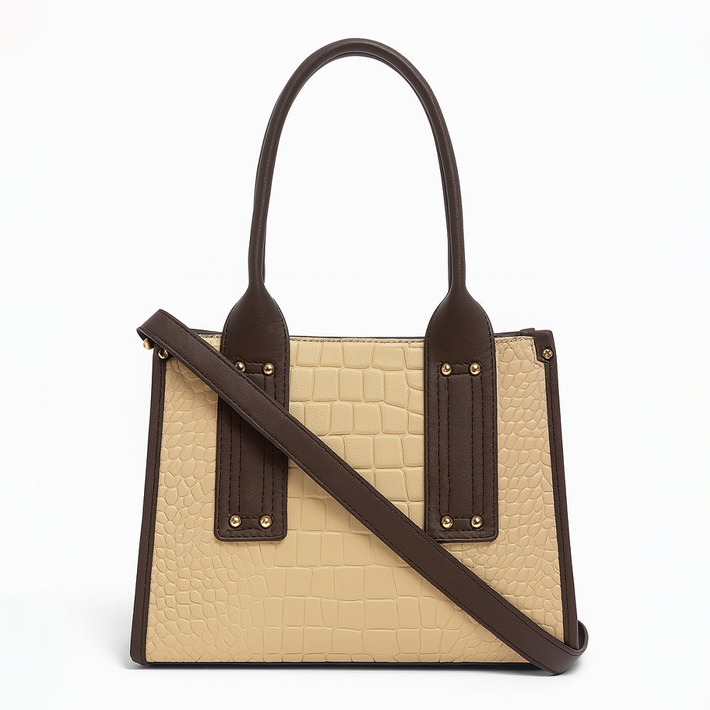 Crocodile Embossed Beige Handbag with Brown Handles