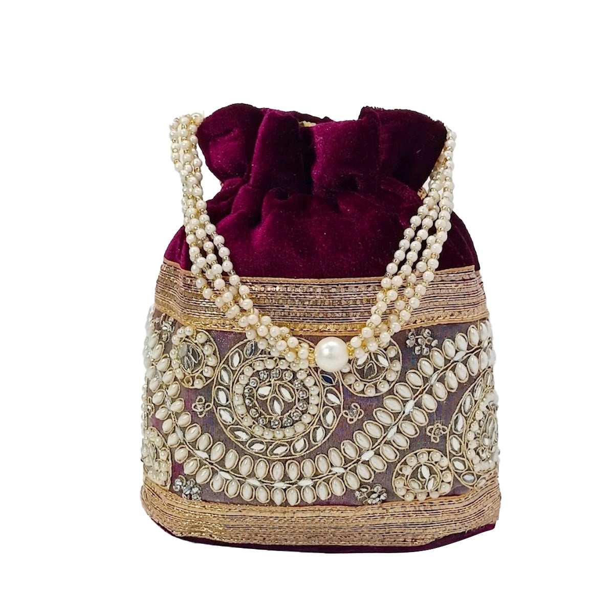 Embroidered Potli Bag with Pearl Beaded Handle & Mirror Work Bag